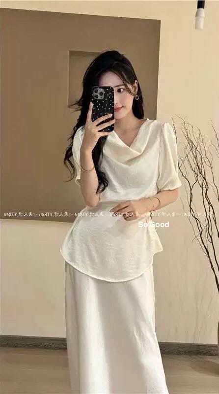 Cowl Neckline Short Sleeves Tie Tops With Skirts Sets